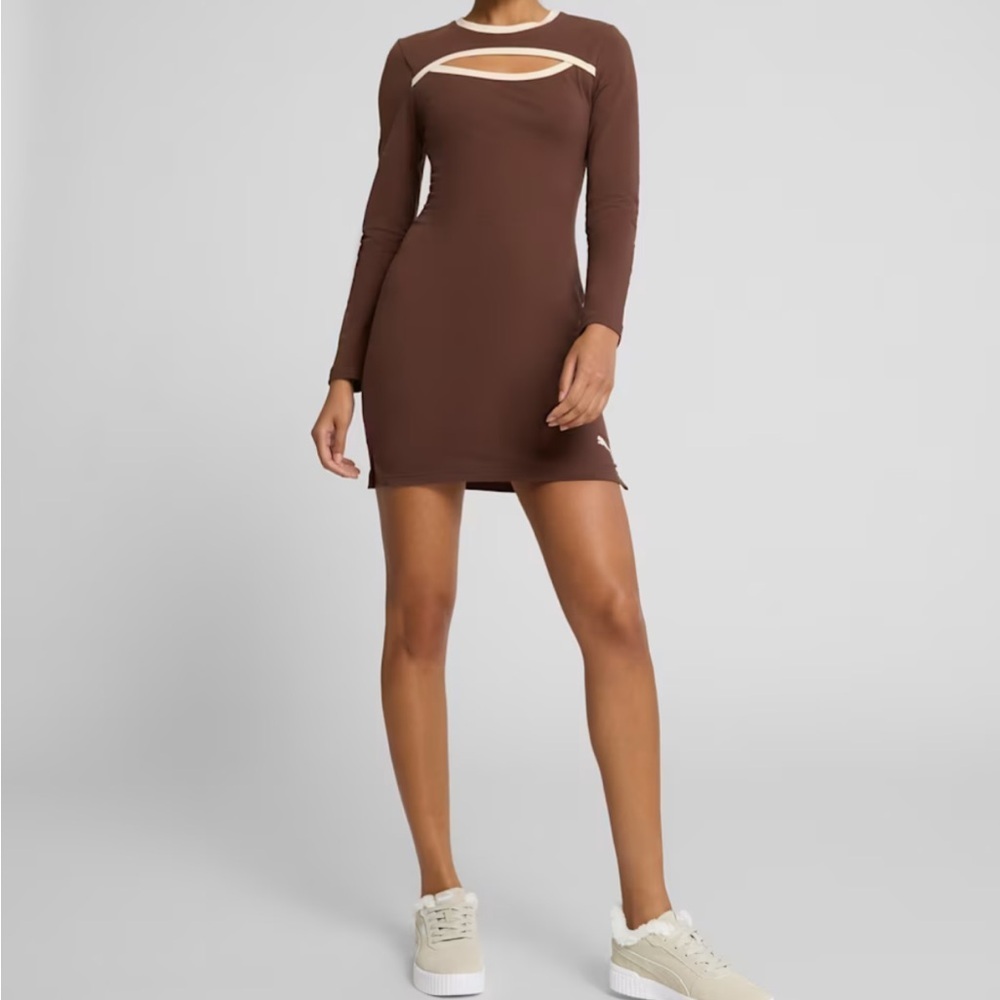 NWT Puma Brown Cut Out Bodycon Mini Dress Cream Trim Size Medium